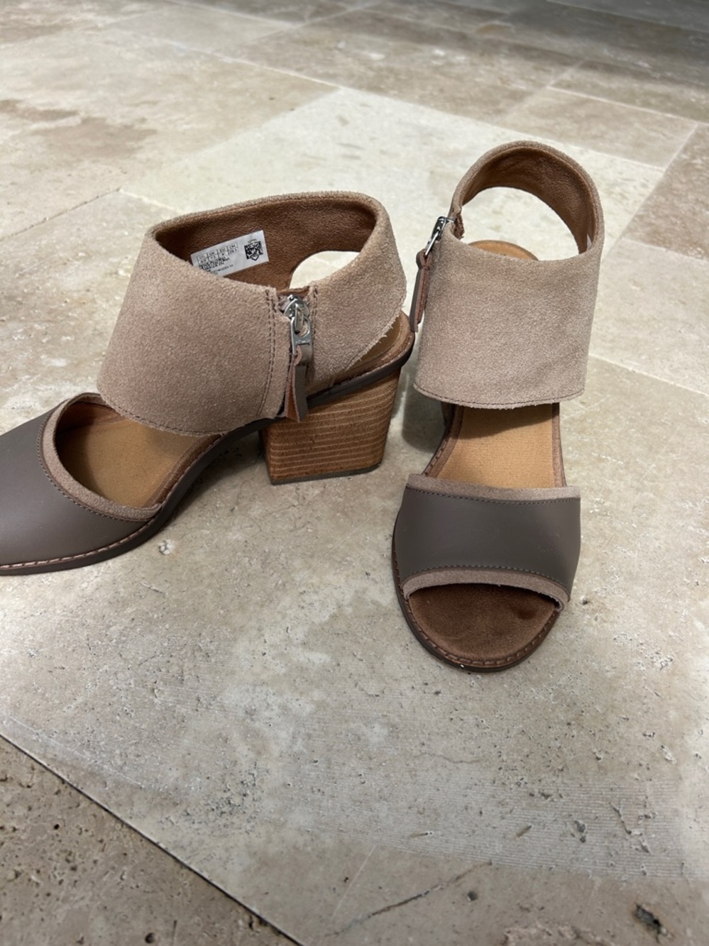Toms Two-Tone Taupe and Brown Suede Block Heel Sandals